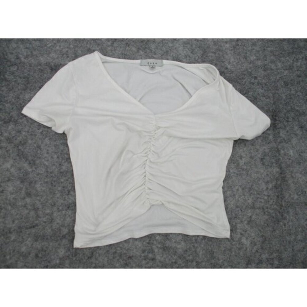 Gaze Womens Top Small White V Neck Short Sleeves Stretchy Casual Cropped